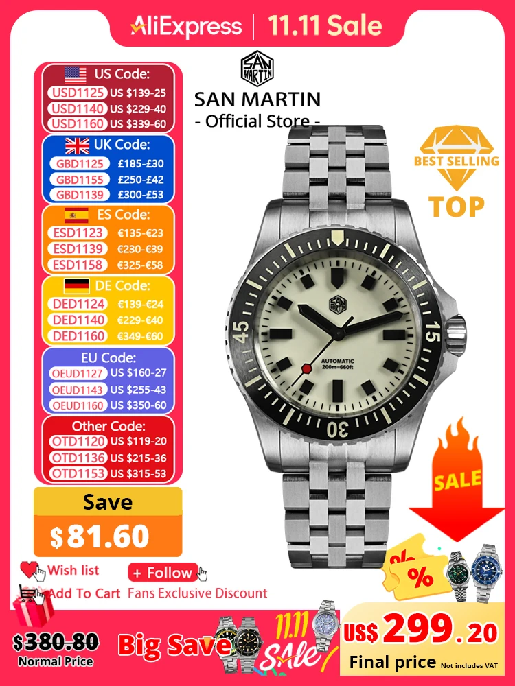 San Martin 1200HV Hardening Coating Men Diver Watch Full Luminous Dial Lumed Blocks ST2130 Automatic Mechanical Toolwatch SN0012