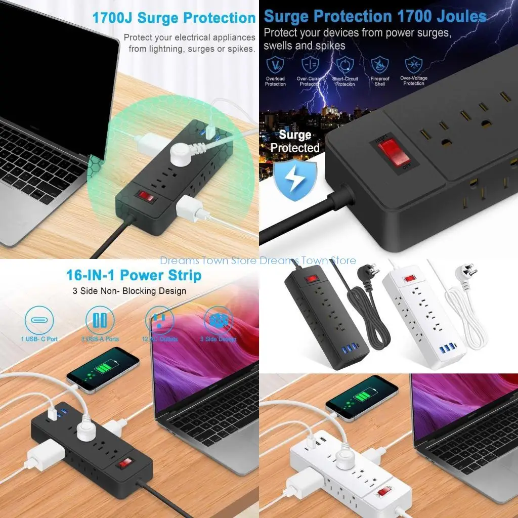 HX6A 3Side Designs Power Strips with Protections 12Outlets USB Port Flat Plugs for Home and Office Convenience Charging