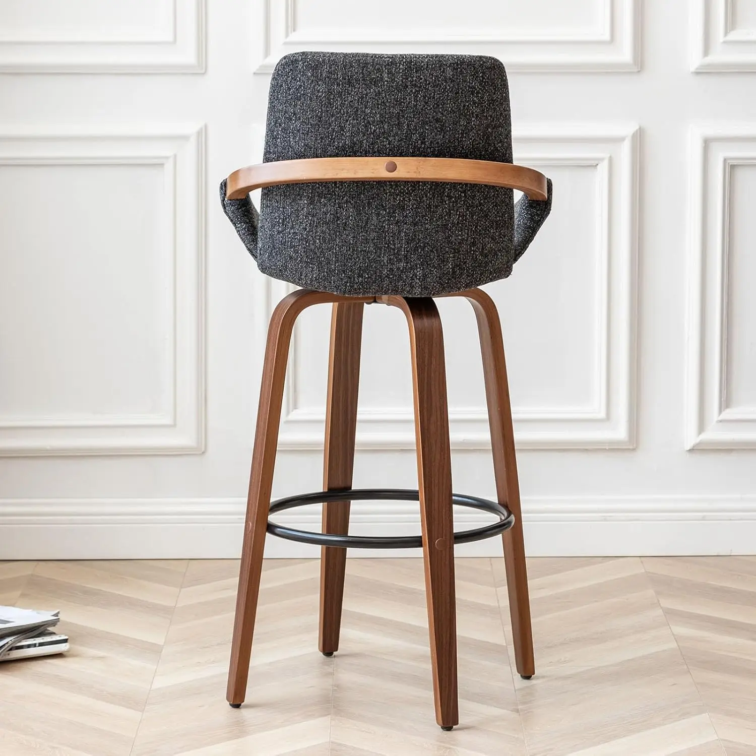 LUNLING 60 cm barkrukken op barhoogte, set van 2 moderne retro barstoelen uit het midden van de eeuw, houtskoolgrijs linnenlook, stof gestoffeerd en