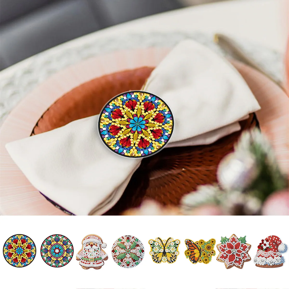 Home Party Wedding Banquet Table Decoration Diamond Painting Cross Embroidery Sewing Kit DIY Diamond Mandala Napkin Ring Frame