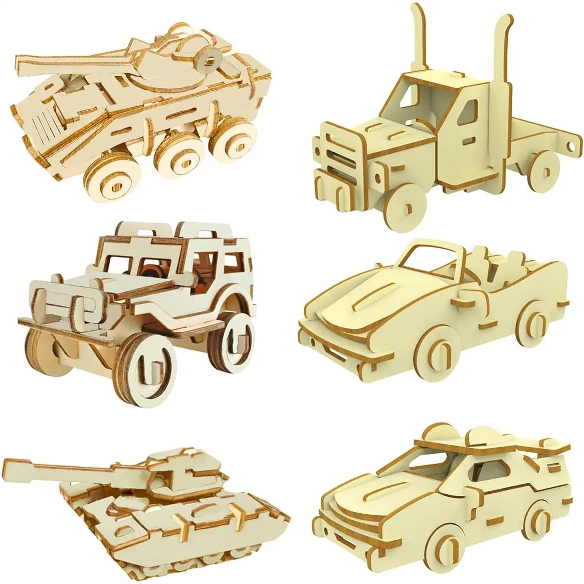 

3D Wooden Puzzle 6-Pack Car Set, DIY Assembly Brain Teaser STEM Toys Gifts for Adults Teens
