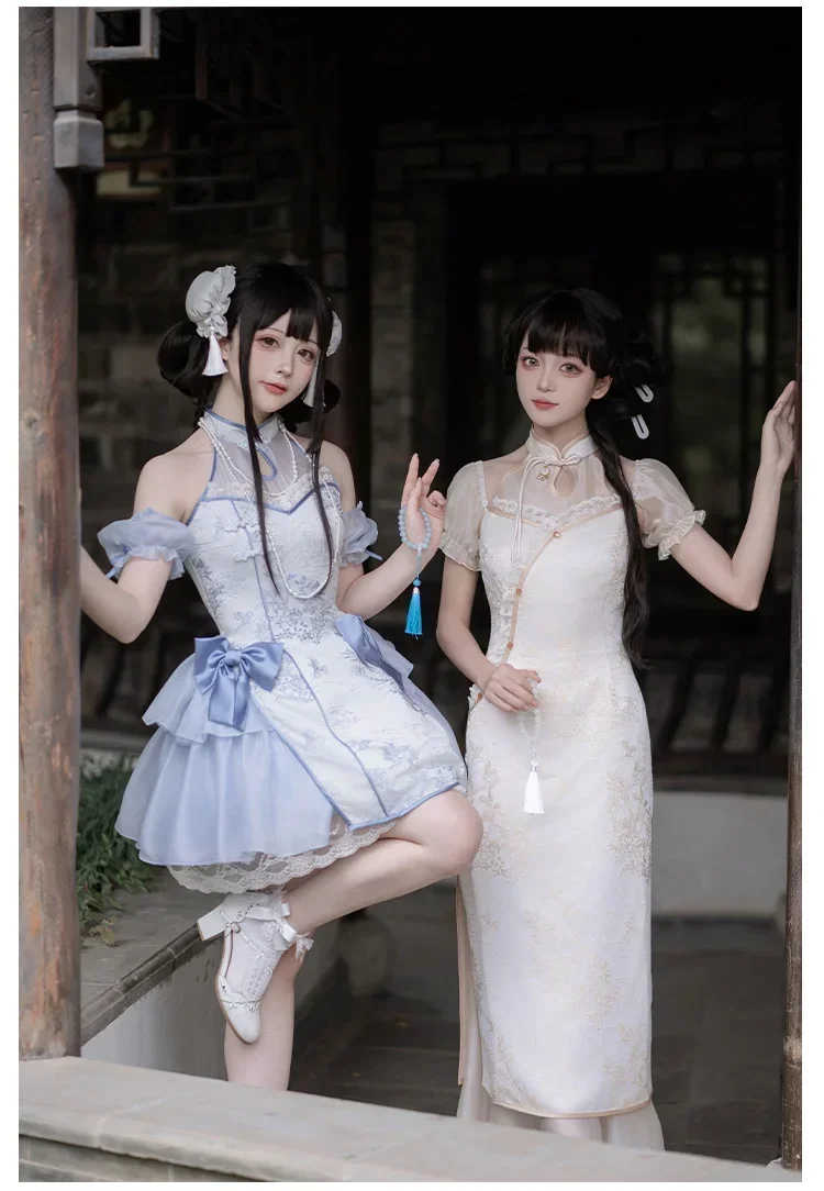 Nuovo abito corto op originale in stile cinese con grembiule Abito lungo cheongsam retrò Abiti stampati estivi con fiocco Lolita da donna