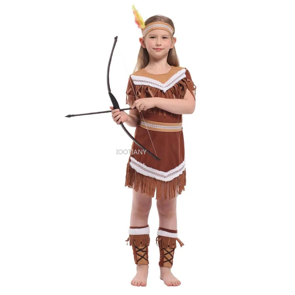 Children's Masquerade Cos Party Dress Kids Indian Princess Native Archer Huntress Costume Girls Boys Carnival Purim Cosplay Set