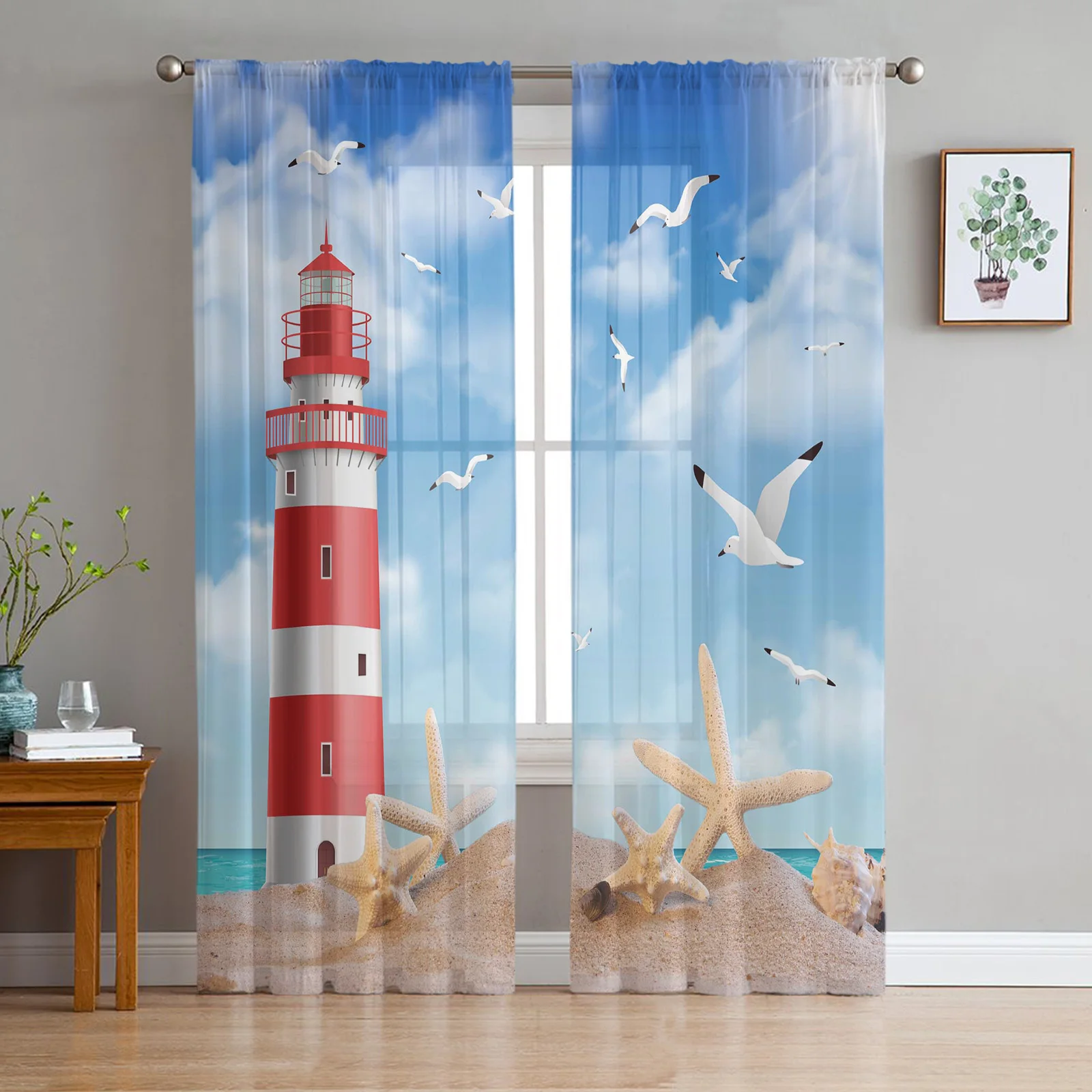 Sea Beach Lighthouse Starfish Seagull Sheer Curtains for Living Room Decoration Window Curtains Kitchen Tulle Voile Curtains