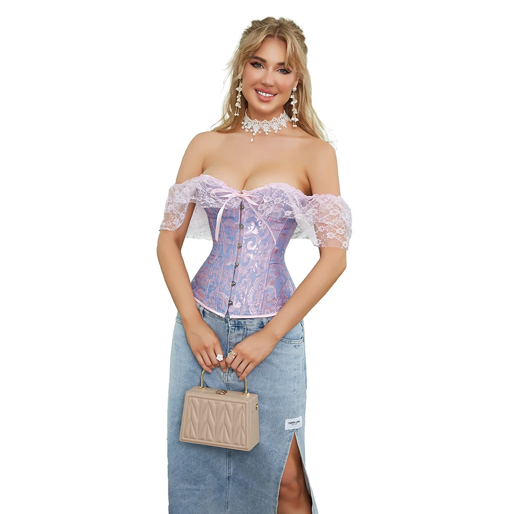 Overbust Corset with Lace Short Sleeves Women Jacquard Waist Bustier Top Corselet