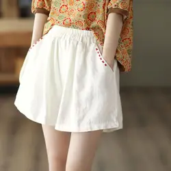 Cotton and Linen Shorts Lady Vintage Embroidery Elastic Waist Solid Color Appear Thin All-match Ethnic Style Wide Leg Pants