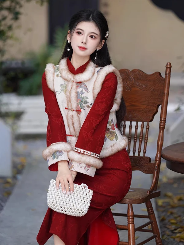 

Red Chinese Sle Women's Thiened Floed Embroidery Dr with Stand Collar Long Sve Slim Fit Winter Faion Dr