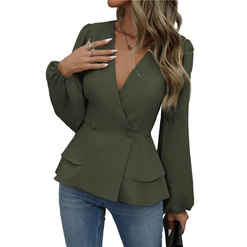 

AG-Women's Elegant Solid Color Double Breasted Ruffle V-Neck Long Sleeved Shirt