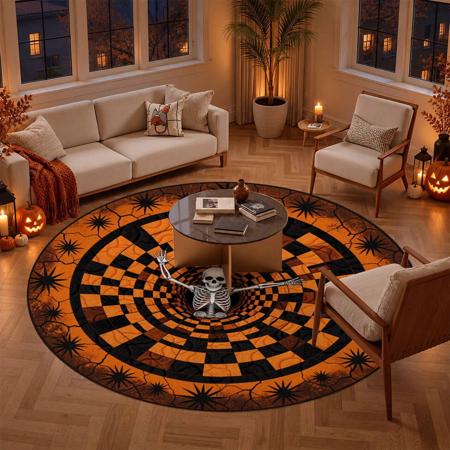 Skeleton Vortex Orange Black Star Pattern Round Velvet Rug, Machine Washable, Ideal for Living Room, Bedroom, Entryway, Perfect for Halloween, Thanksgiving, Christmas, Black Friday, Cyber Monday, New Year Decor