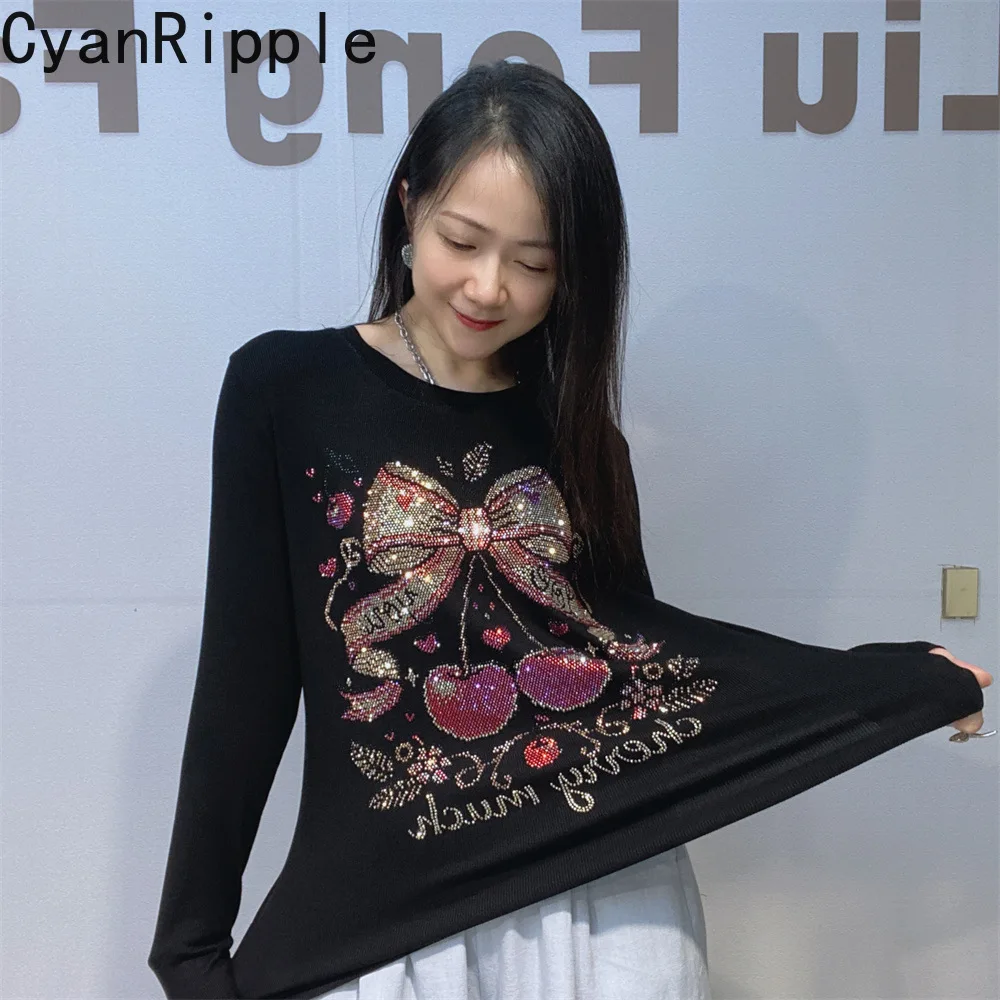 2026 New Autumn Winter Long Sleeve Basic Shirt High Stretch Hot Diamonds Slimming Black Tees Round Neck All-match Pullover Top