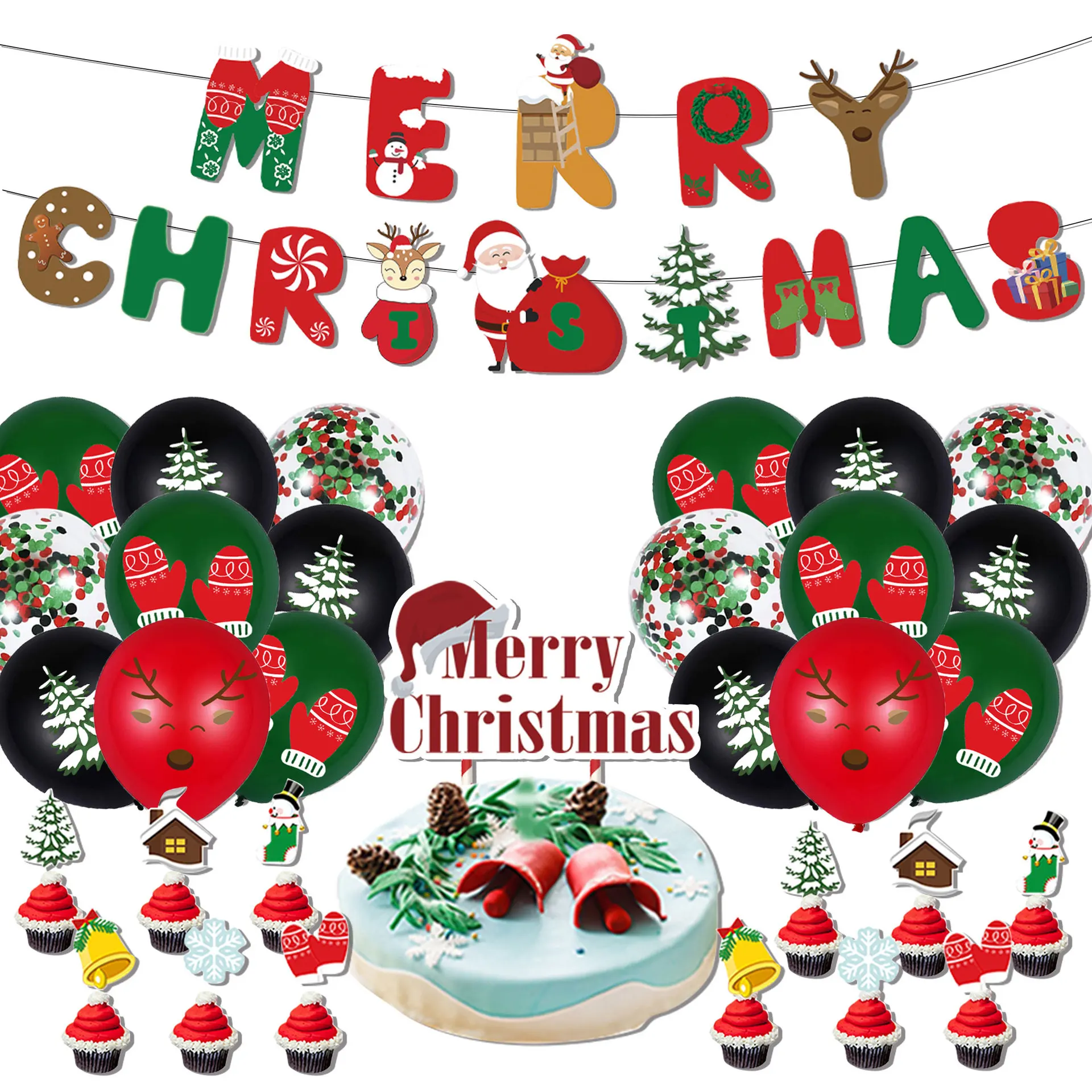 

Merry Christmas Decorations Set Santa Claus Elk Latex Balloon Pulling Flag Glove Snowman Cake Topper Tree Party Home Decoration