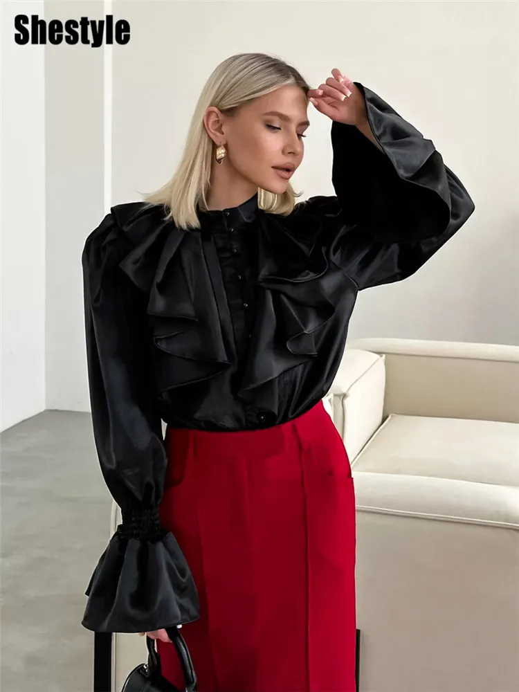 Shestyle Satin Ruffles Blouse Office Lady Lantern Flare Sleeve Elegant Casual Loose Button Up Shirts Autumn High End Mock Neck