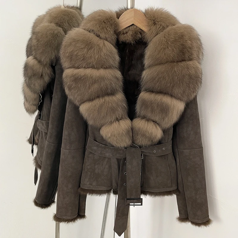 

Women's Suede Jacket with Real Fox Fur Collar, Belt, and Natural Rabbit Fur Lining, Warm Thick Winter Coat