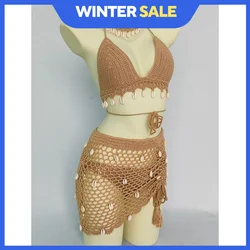 4 pieces Woman Bikini Set Crochet Shell Tassel Top Sexy Thong Bottom See-Through Hollow Out Bandage High Waist Short Beach Skirt