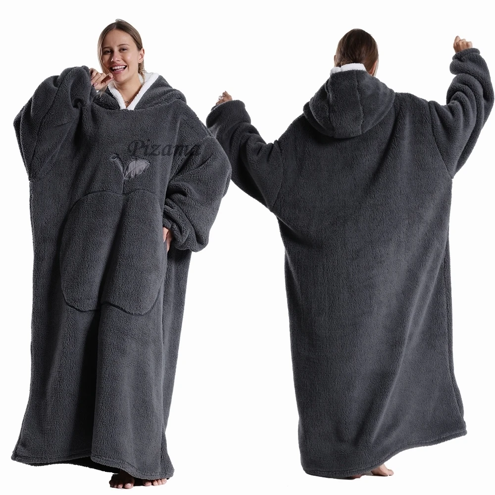 Women Men Winter Warm Flannel Thick Oversized Hoodies One Piece Wearable TV Blankets Plus Size Clothing Gray Extra Long Hoodies