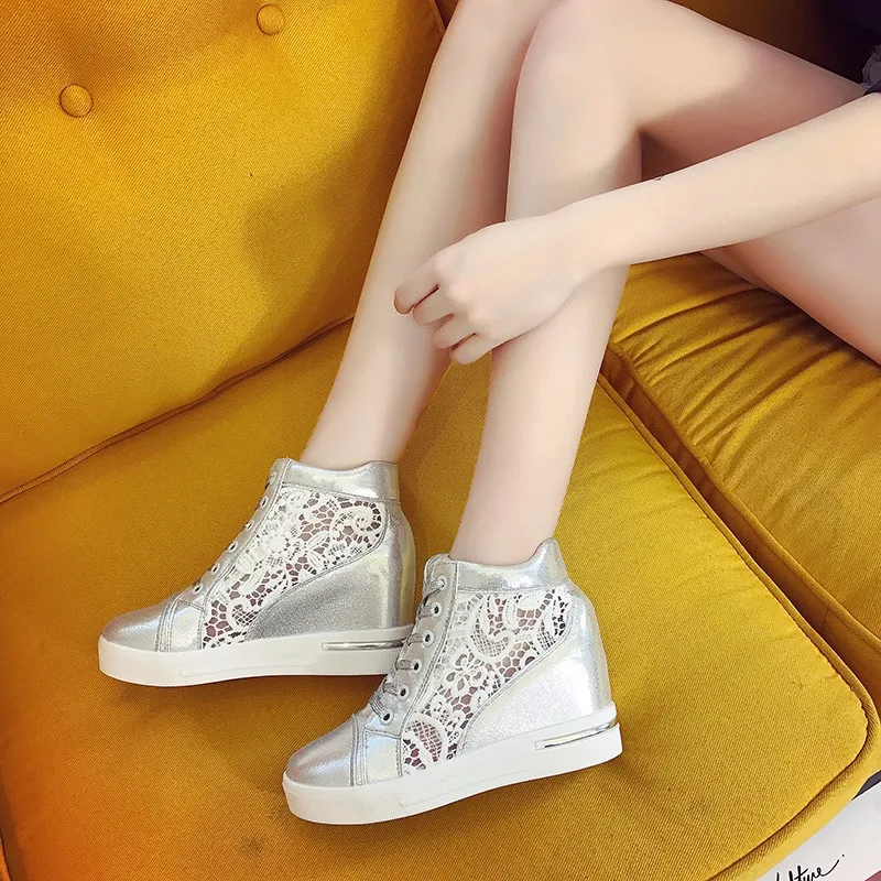 Women Shoes 2025 New Thick-soled Breathable Lace Flower White Sports Sneakers Hollow Platform Wedge Comfortable Female Footwear - view 2