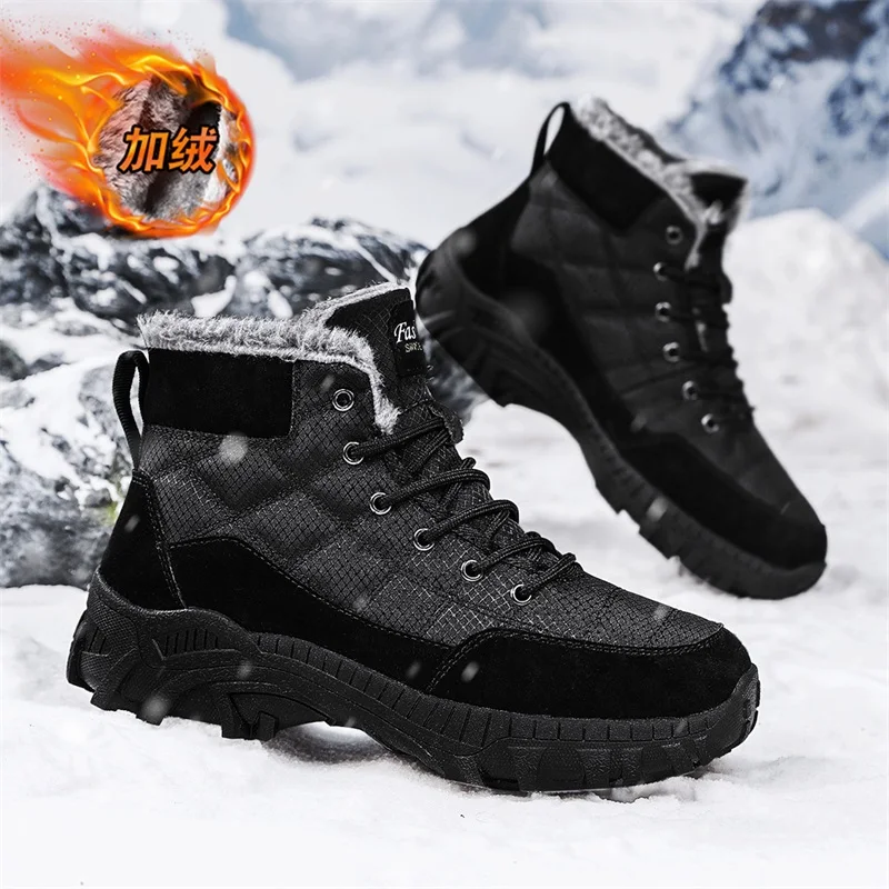 

High-End Men's Large-Size Genuine Leather Winter Boots with Fleece Lining, Cold-Resistant, Warm, Outdoor Snow Boots, Windproof a