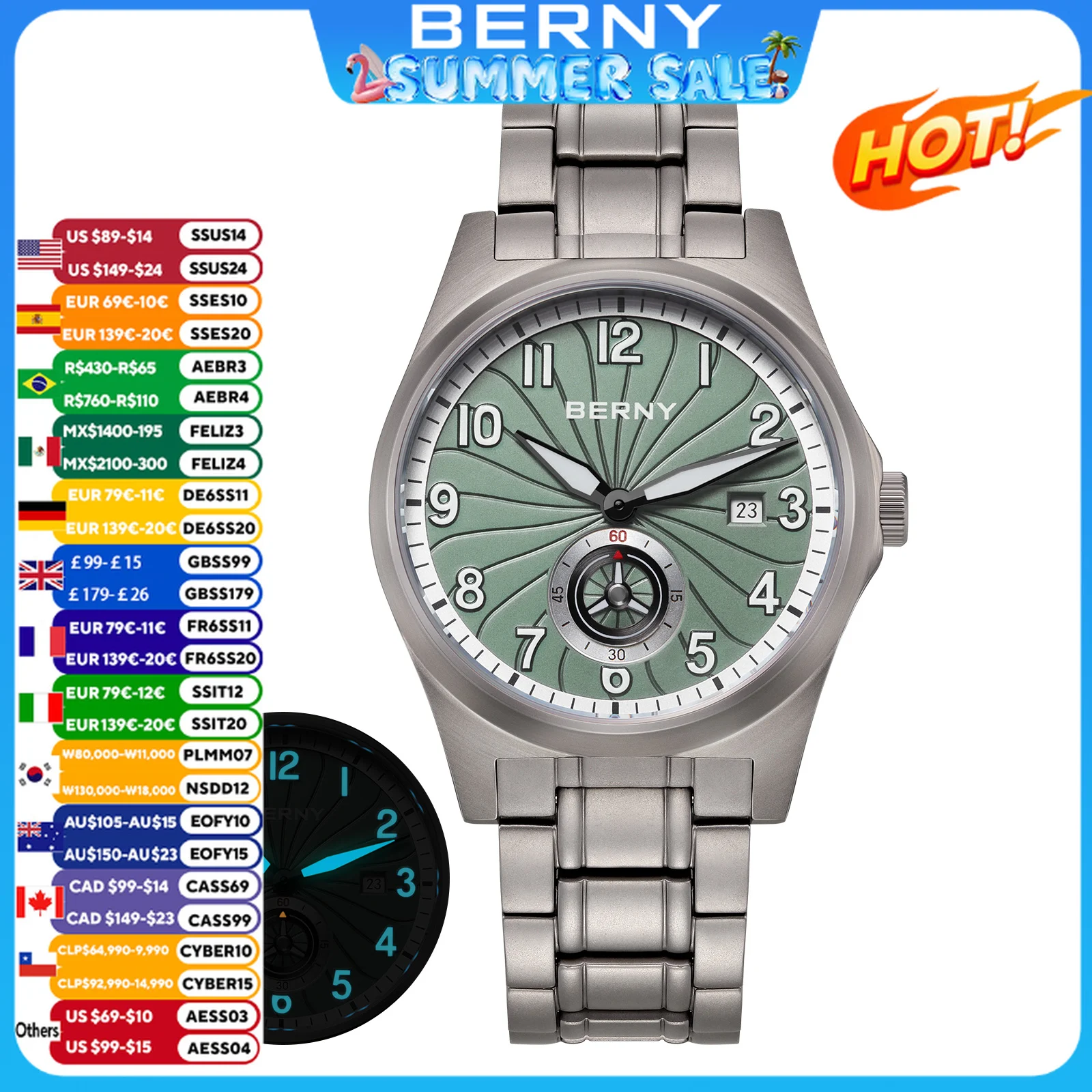 

BERNY Full Titanium Automatic Men Watch Super Luminous Mechanical Wristwatch with 10ATM Waterproof Sapphire ST1731 Men Watches