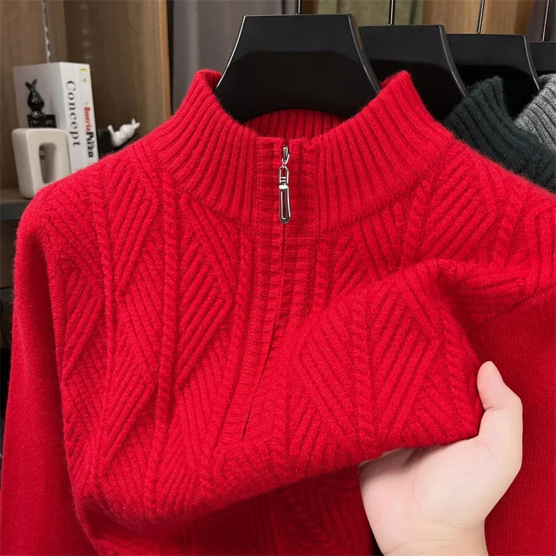 Winter Collection of Men's Long-sleeve Knit Wool Sweaters: Red Crew-neck Pullover with A Semi-high Collar; Black, Gray, Camel.