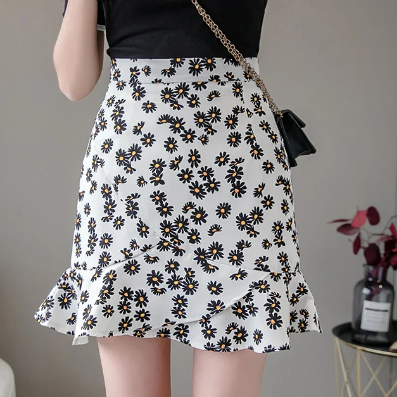 Women Summer Holiday Style High Waist Trumpet Short Skirts Chic Ruffled Floral Printed Mini Skirt Ladies Casual Irregular Skirts