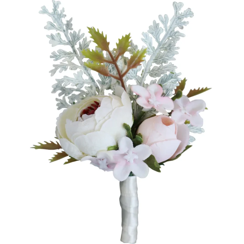 Ramillete de muñeca artificial para hombre, accesorios de boda con flores, color blanco