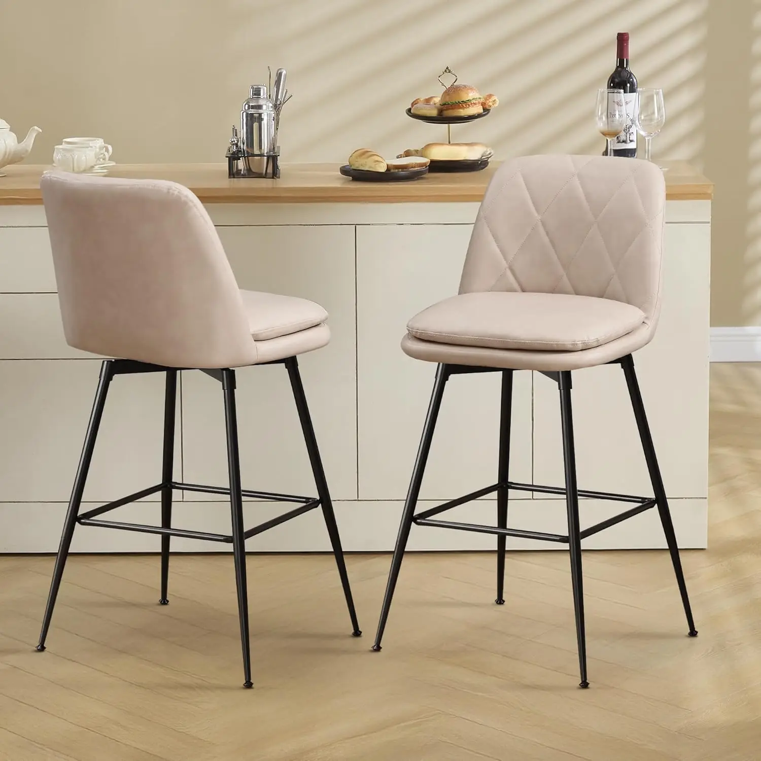 

Swivel Upholstered Faux Leather Counter Height Bar Stool with Back Metal Base Footrest 28in Set of 2 Cream Beige, Customized