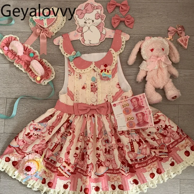 

Japanese Style Original Lolita Sweet Girl Printed Strap Dress High Waist Slim Sleeveless Bow Short Dress and Inner Top Set
