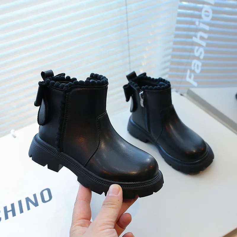 

26-36 Fashion Ankle Bow Warm Plush Girl Boots for Children's Snow Boots Leather Waterproof Shoes Big Kid Autumn Winter Boots