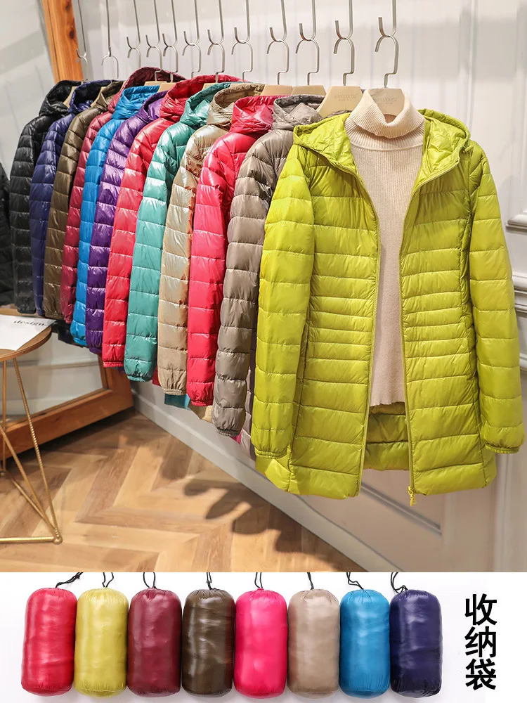 New Autumn Winter Ultra Light Thin Wihte Duck Down Jacket Women Midi Long Hooded Down Coat Parkas Female Bigsize Puffer Outwears