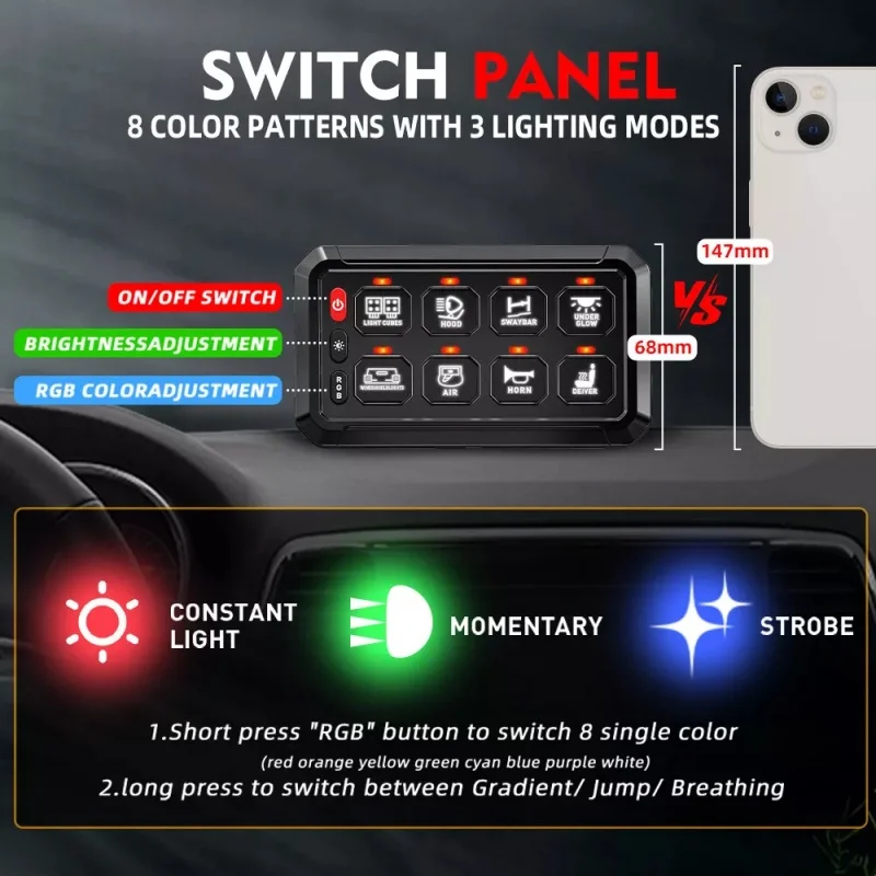 2026 Nick 8 Gang Switch Panel RGB Back APP Function Light for Can-Am Polaris RZR UTV ATV Accessories