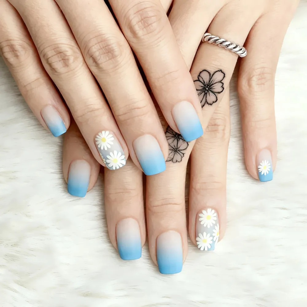 

Matte Gradient Blue Press On Nails With Glue Sticker Acrylic Fake Nail Tip DIY French Finger Tips Manicure Accessory