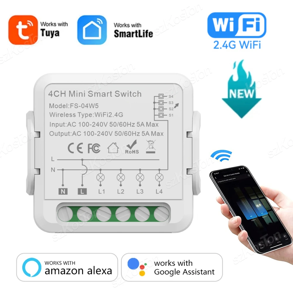 

Tuya WiFi Switch Module Smart Home DIY Breaker 1 2 3 4 Gang Supports 2 Way Control Smart APP Life Works with Alexa Google Home