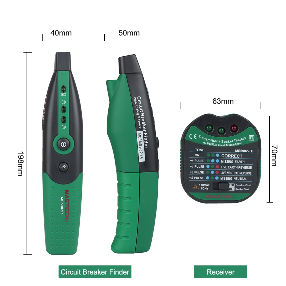 MASTECH MS5902 Automatische stroomonderbreker Finder Zekering Socket Tester EU US 220 V/110 V Specificatie met zaklamp Circuit Tester