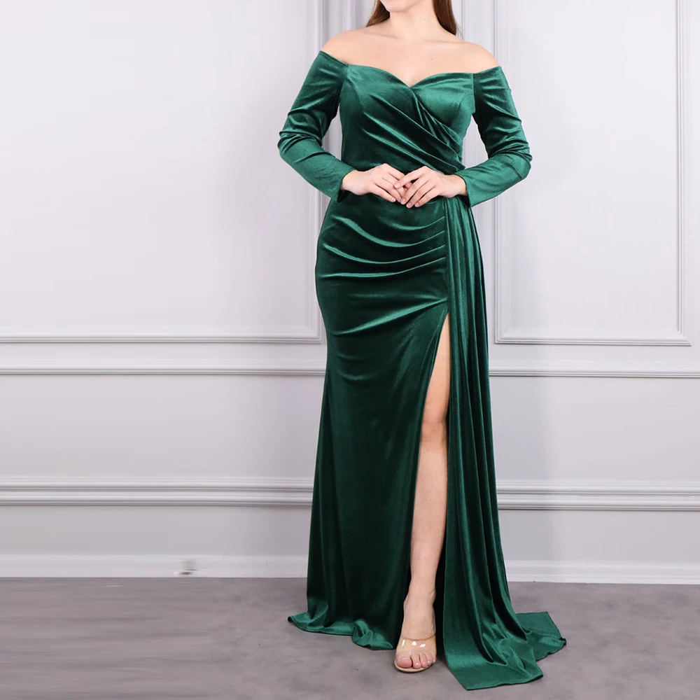 

Off the Shoulder Floor Length Saudi Arabia Evening Gowns Straight Satin Long Sleeves Panel Train Solid Color Quinceanera Gowns