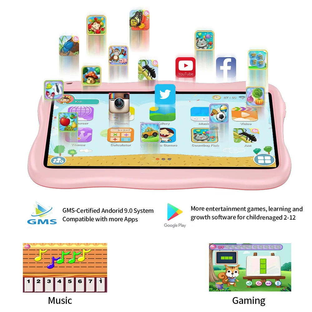 32GBTablet Kids 7inch Android Tablet Toddler with Case 5G WiFi Bluetooth Dual Camera Educational Learning Toys Children Gifts