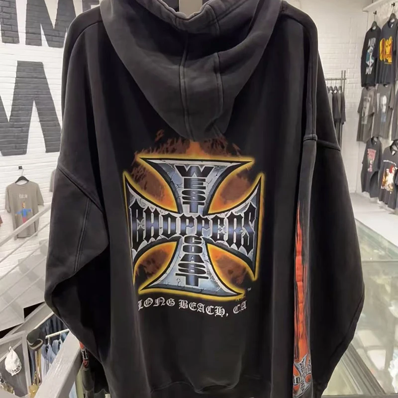 

Motorcycle Pattern Washed West Coast Choppers Hooded Sweatshirt Loose Casual Pullover for Man Women Hoodie