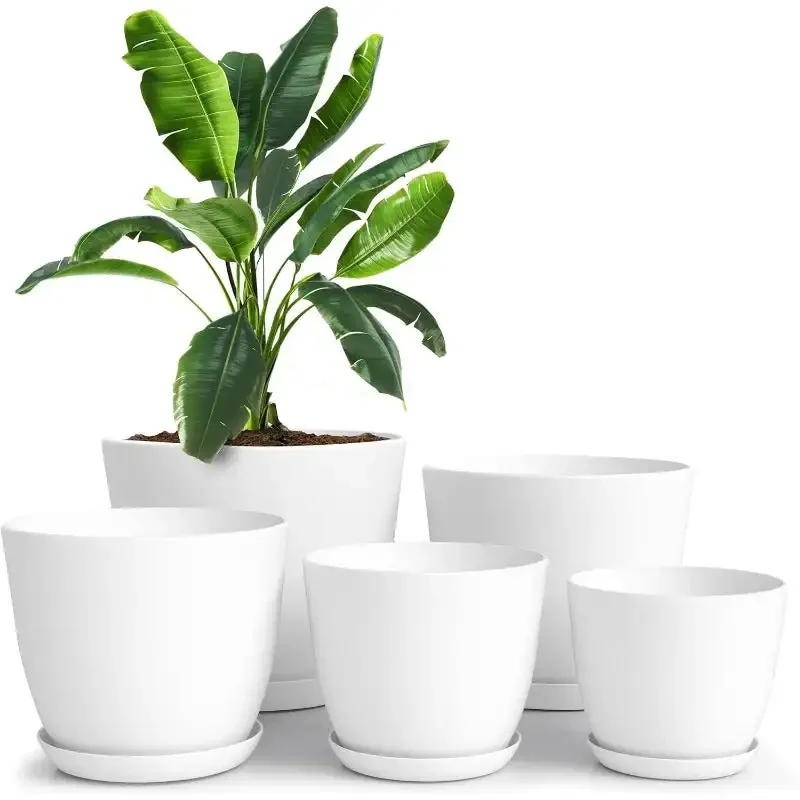 Plant Pots with Drainage - 7/6.6/6/5.3/4.8 Inches Home Decor Flower Pots for Indoor Planter -  White