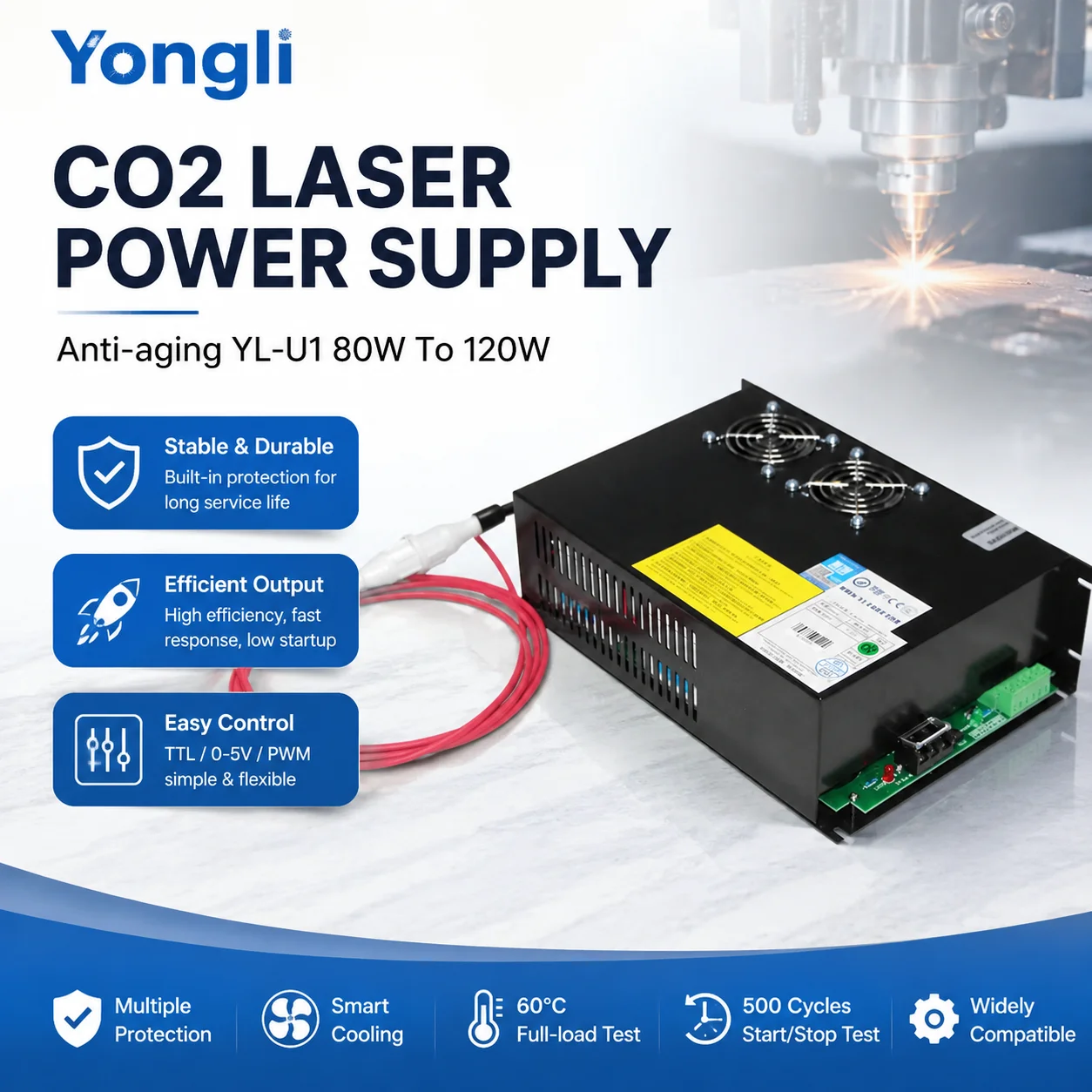 Yongli Anti-aging YL-U1 80W-120W CO2 Laser Power Supply for Cutting Engraving Machine with TTL/PWM Control & Advanced Protection
