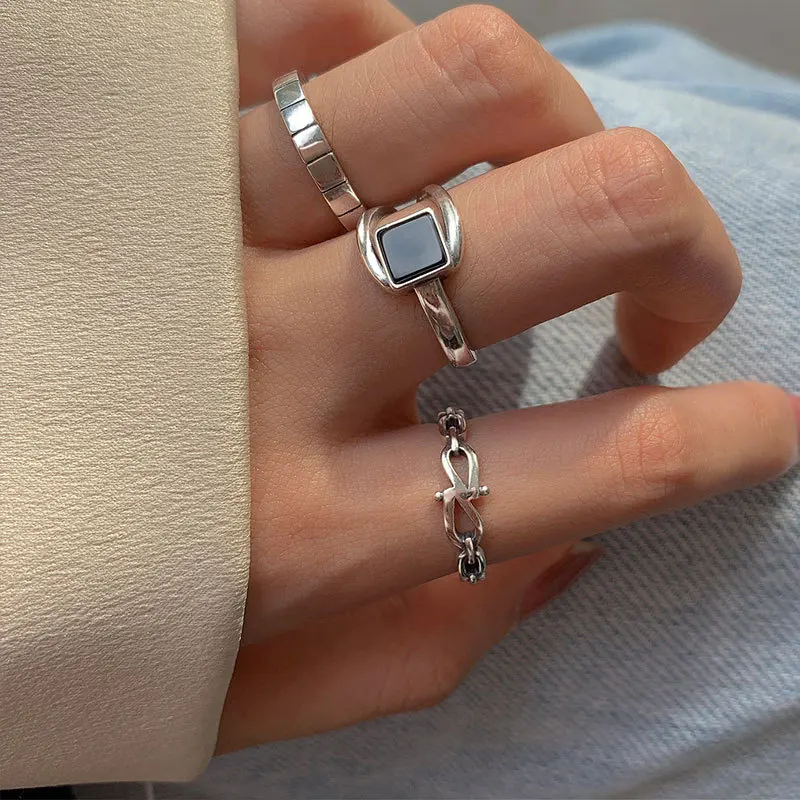 New Fashion Silver Color Open Finger Ring Geometric Black Stone Punk Stackable For Women Girl Jewelry Gift Dropship Wholesale image 3