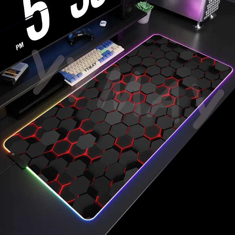 Imagem -02 - Grande Rgb Gaming Mouse Pad Geométrico Xxl Mousepad Led Gamer Mousepad Tapetes de Mesa Luminosos Almofadas de Mesa com Retroiluminação