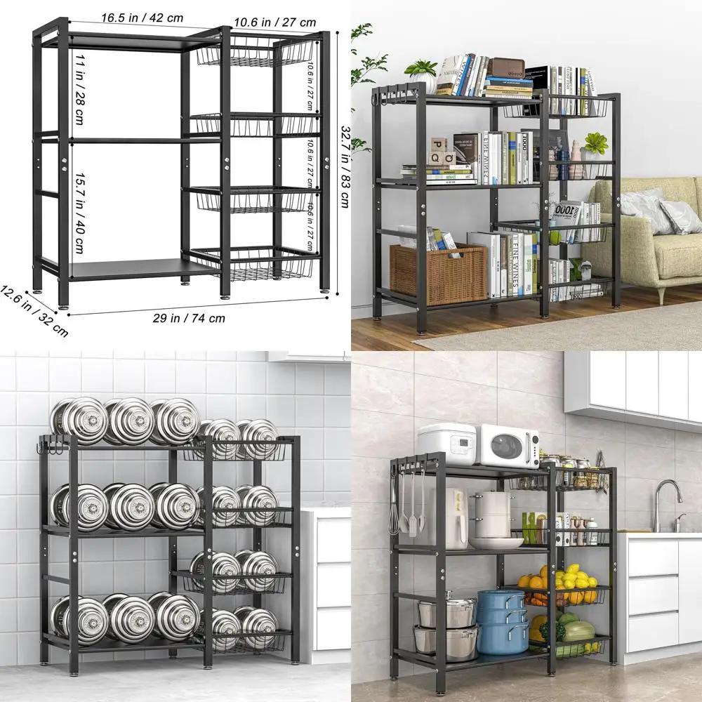 

Трехъярусная кухонная полка для хранения с 4 корзинами, многофункциональная подставка для кофемашины и фритюрницы - стальные сетчатые корзины