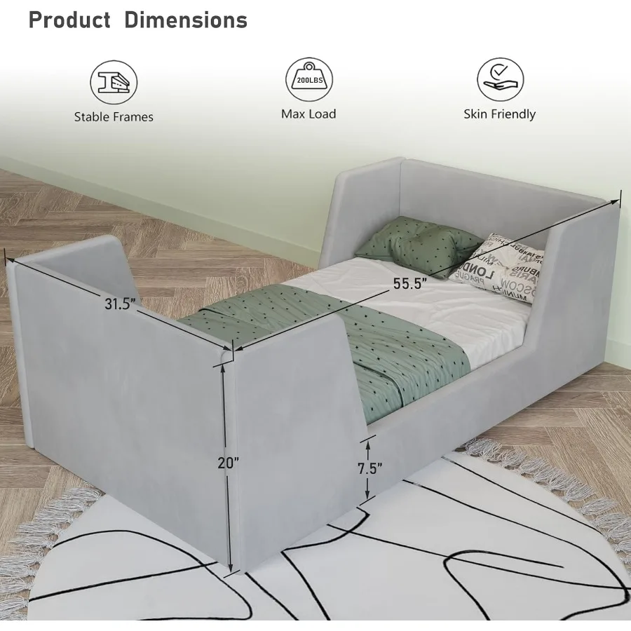 Toddler Bed Frame with Guard Rails for Ages 2-6 Certified Fabric Floor Bed in Soft Gray Safe and Space-Saving Design