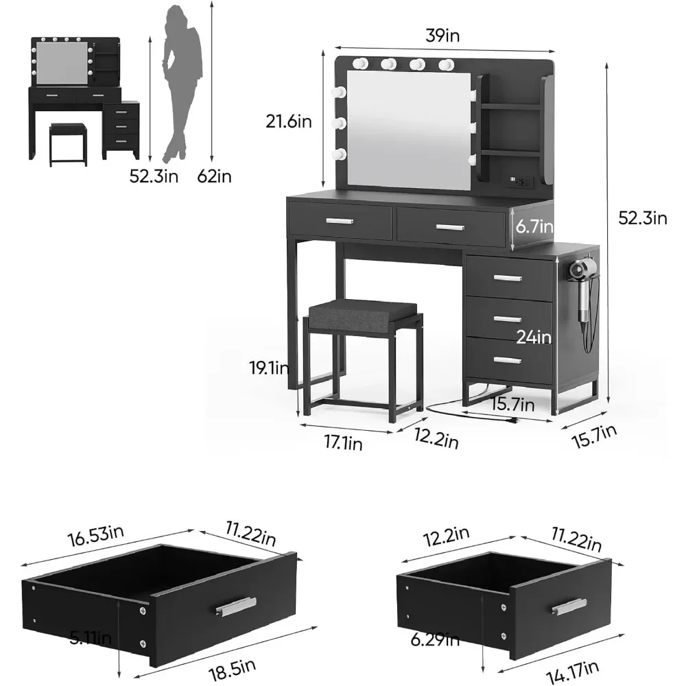 Dressing with Lighted Mirror and Power Strip  with Storage Shelves and Cushioned Stool, 5 Drawers Large Capacity Dressing Table