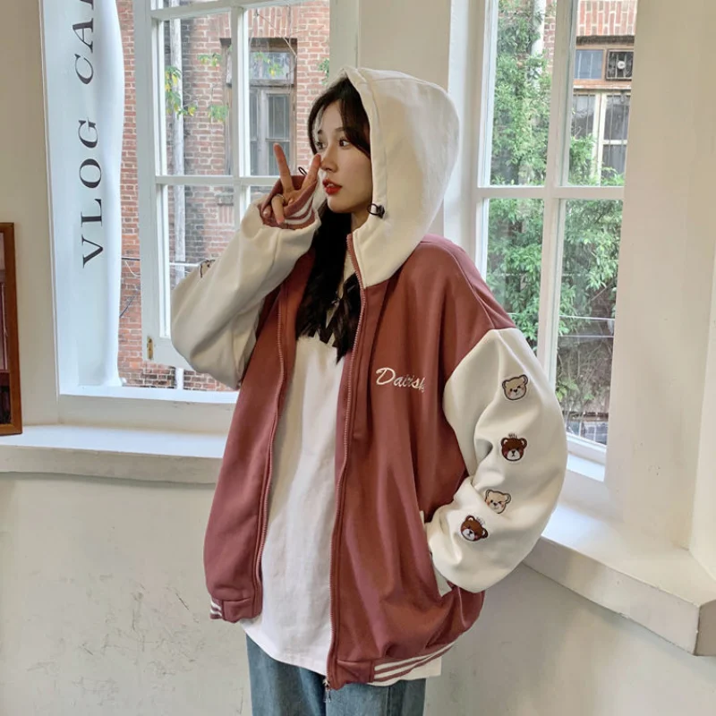 HOUZHOU Japanese Y2k Baseball Jacket Women Kawaii Oversized Korean Fashion Cute College Bomber Jackets Zipper Hooded Harajuku