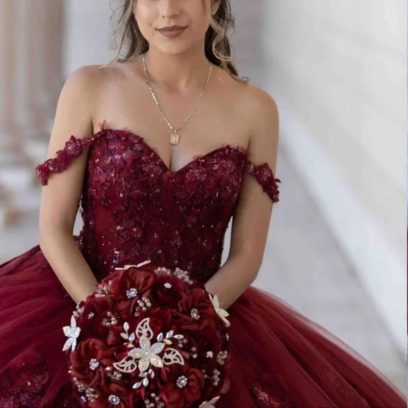 ANGELSBRIDEP bordowe sukienki Quinceanrea koronki z koralikami wino czerwone kochanie XV Para słodkie 16 księżniczka Vestido De 15 Quinceañera