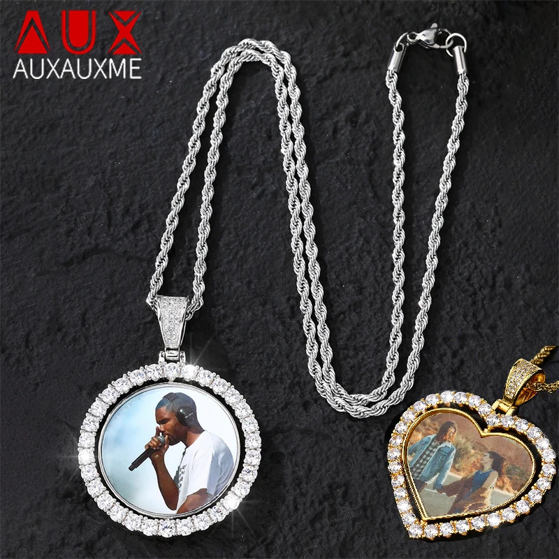 

Auxauxme Custom Round Heart Photo Rotatable Necklaces for Women Men Zircon Stone Pendant Circle Family Picture Anniversary Gift