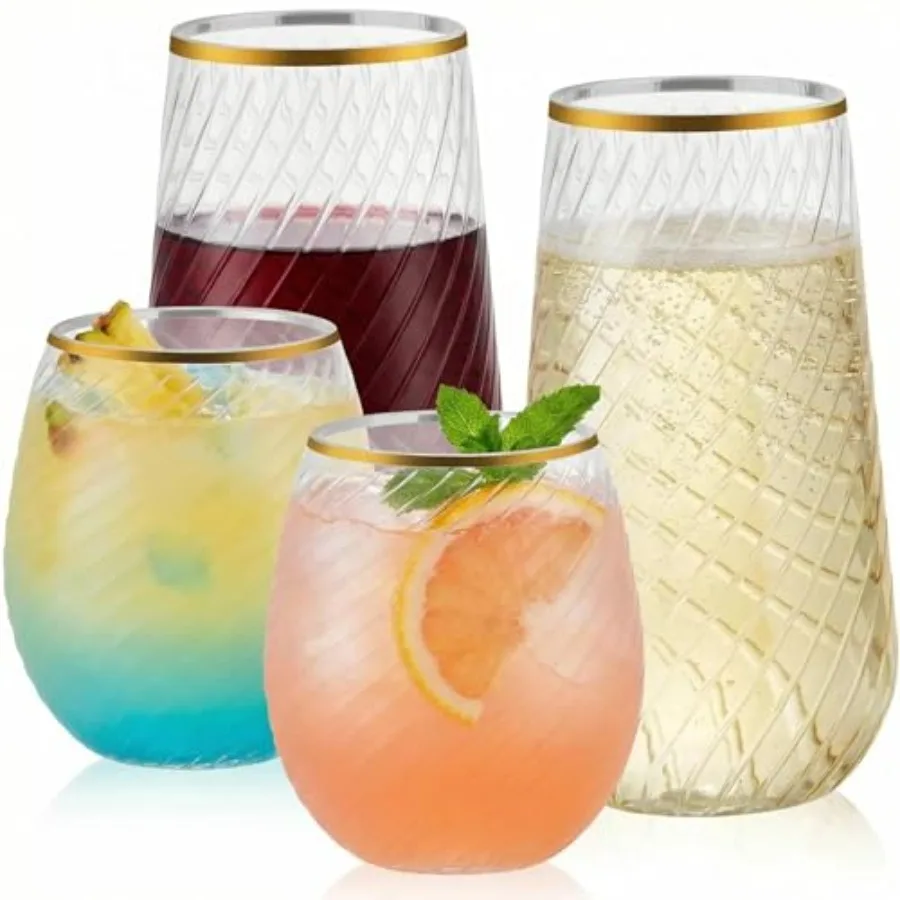 

48 Pack Plastic Wine Glasses 24 x 9oz Stemless Champagne Flutes and 24 x 12oz Disposable Wine Glasses Plastic Cups with BPA-Fre