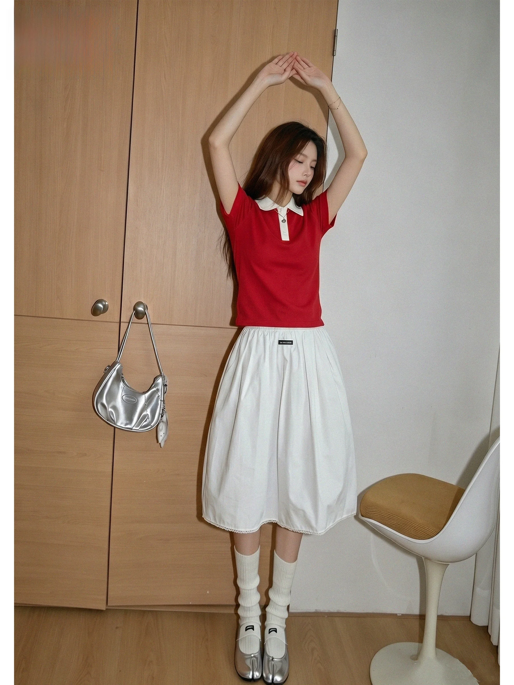 

White High Waist A-Line Pleated Skirt Women's New 2026 Summer Lace Trim Elastic Waist Midi Skirt Casual Style Ladies' Skirt