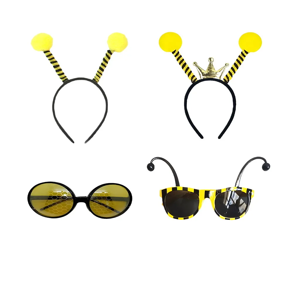 Serre-tête et lunettes d'abeille jaunes pour fête cosplay, avec antennes d'abeille et lunettes de soleil d'abeille, accessoires de déguisement festif d'abeille géante