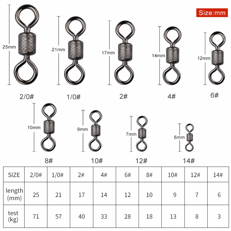 100pcs/box Fishing Swivel 1#-14# Sizes Solid Connector Ball Bearing Snap Fishing Swivels Rolling Stainless Steel Beads